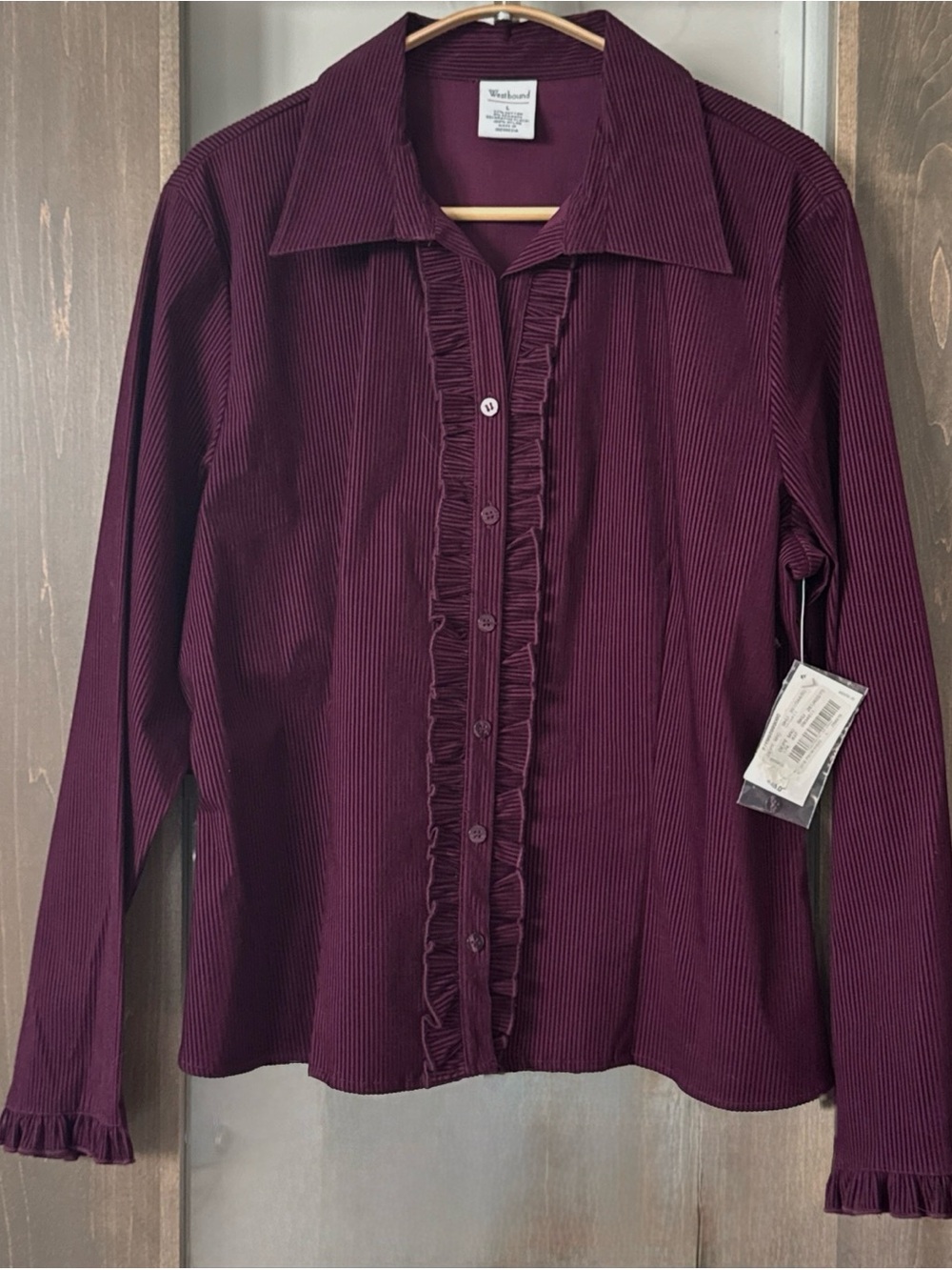 Vintage Purple Corduroy Button Up Shirt Ruffle Trim Womens M Shacket Westbound